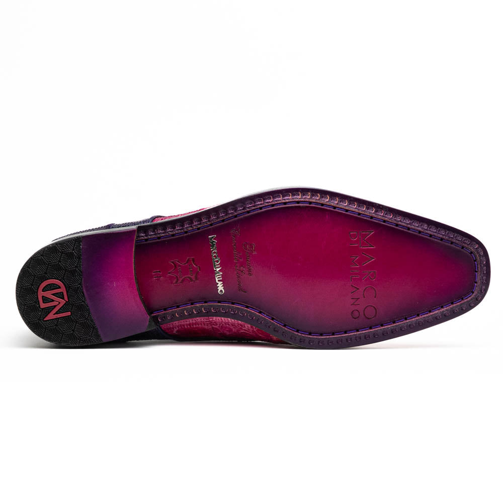 The Pissa Pink/Purple by Marco Di Milano are men's luxury dress shoes crafted from genuine exotics, featuring hand-painted pink and purple crocodile and lizard patterns—one shoe upright, the other on its side to display the sole.