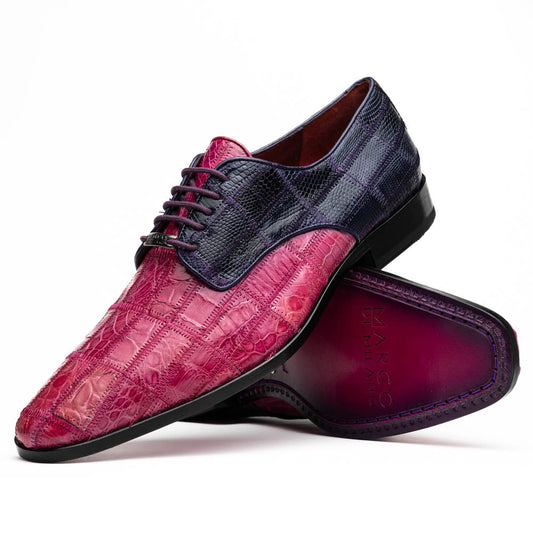 The Pissa Pink/Purple by Marco Di Milano are men's luxury dress shoes crafted from genuine exotics, featuring hand-painted pink and purple crocodile and lizard patterns—one shoe upright, the other on its side to display the sole.