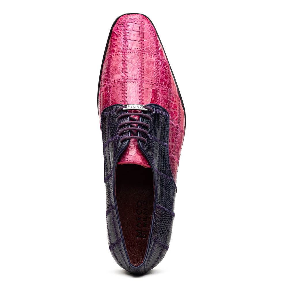 The Pissa Pink/Purple by Marco Di Milano are men's luxury dress shoes crafted from genuine exotics, featuring hand-painted pink and purple crocodile and lizard patterns—one shoe upright, the other on its side to display the sole.