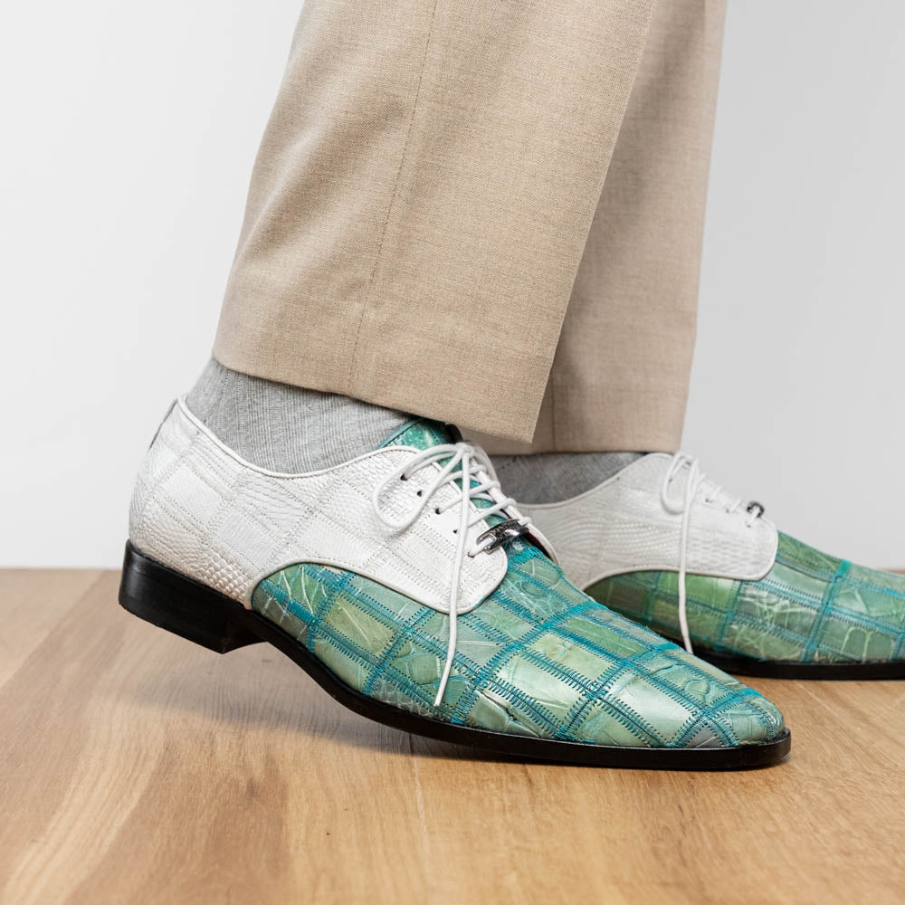 Pissa Tourquoise/White by Marco Di Milano: men's luxury shoes with a green crocodile pattern front, white crocodile back, black soles, white laces, and hand-painted finishes.