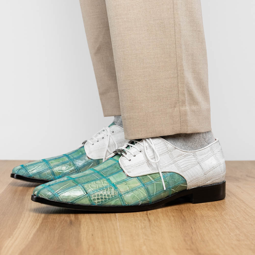 Pissa Tourquoise/White by Marco Di Milano: men's luxury shoes with a green crocodile pattern front, white crocodile back, black soles, white laces, and hand-painted finishes.