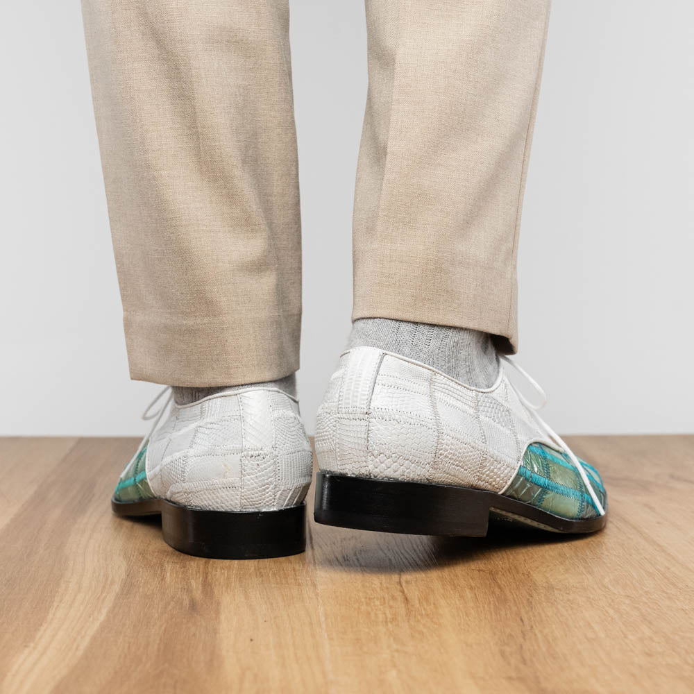 Pissa Tourquoise/White by Marco Di Milano: men's luxury shoes with a green crocodile pattern front, white crocodile back, black soles, white laces, and hand-painted finishes.