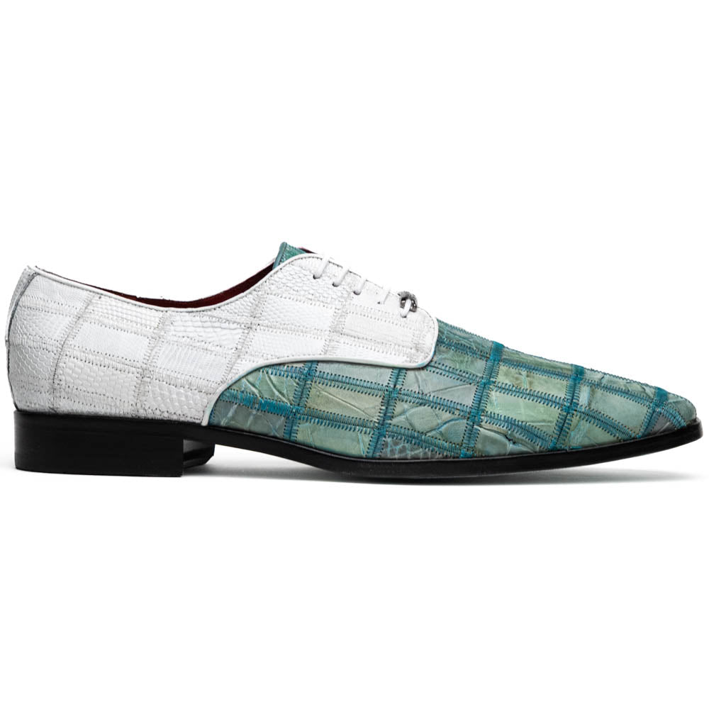 Pissa Tourquoise/White by Marco Di Milano: men's luxury shoes with a green crocodile pattern front, white crocodile back, black soles, white laces, and hand-painted finishes.