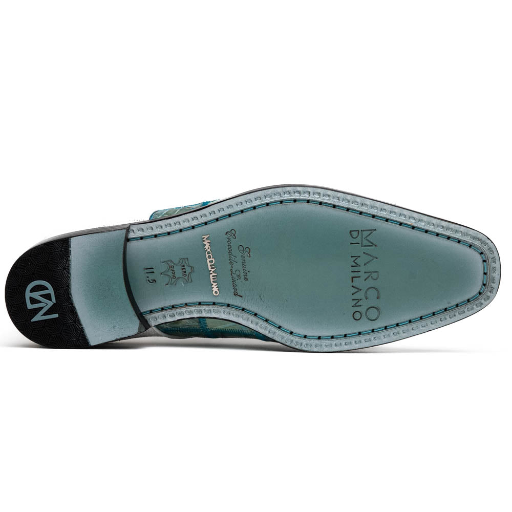 Pissa Tourquoise/White by Marco Di Milano: men's luxury shoes with a green crocodile pattern front, white crocodile back, black soles, white laces, and hand-painted finishes.