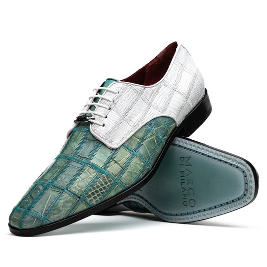 Pissa Tourquoise/White by Marco Di Milano: men's luxury shoes with a green crocodile pattern front, white crocodile back, black soles, white laces, and hand-painted finishes.