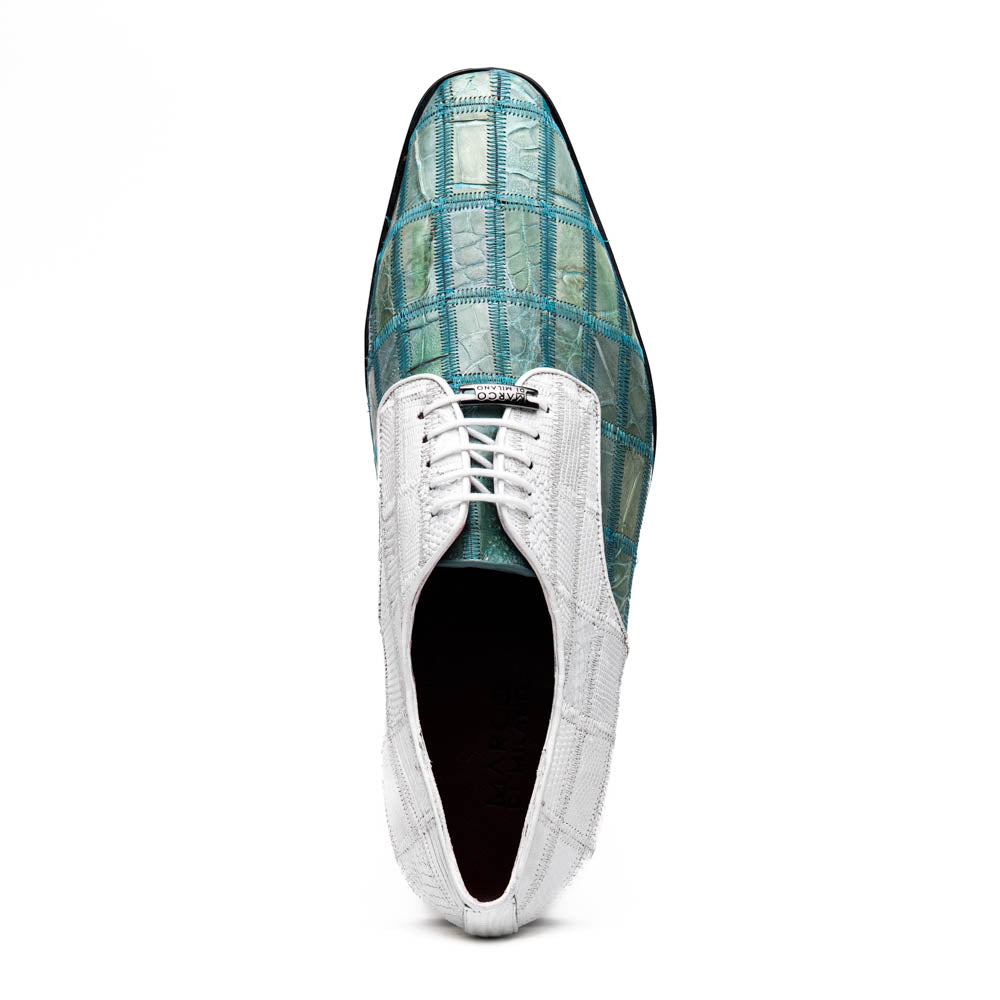 Pissa Tourquoise/White by Marco Di Milano: men's luxury shoes with a green crocodile pattern front, white crocodile back, black soles, white laces, and hand-painted finishes.
