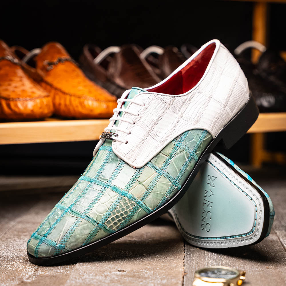 Pissa Tourquoise/White by Marco Di Milano: men's luxury shoes with a green crocodile pattern front, white crocodile back, black soles, white laces, and hand-painted finishes.