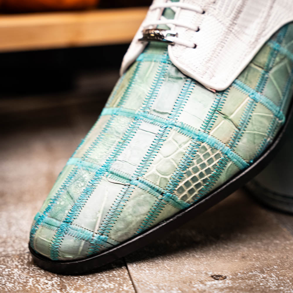 Pissa Tourquoise/White by Marco Di Milano: men's luxury shoes with a green crocodile pattern front, white crocodile back, black soles, white laces, and hand-painted finishes.
