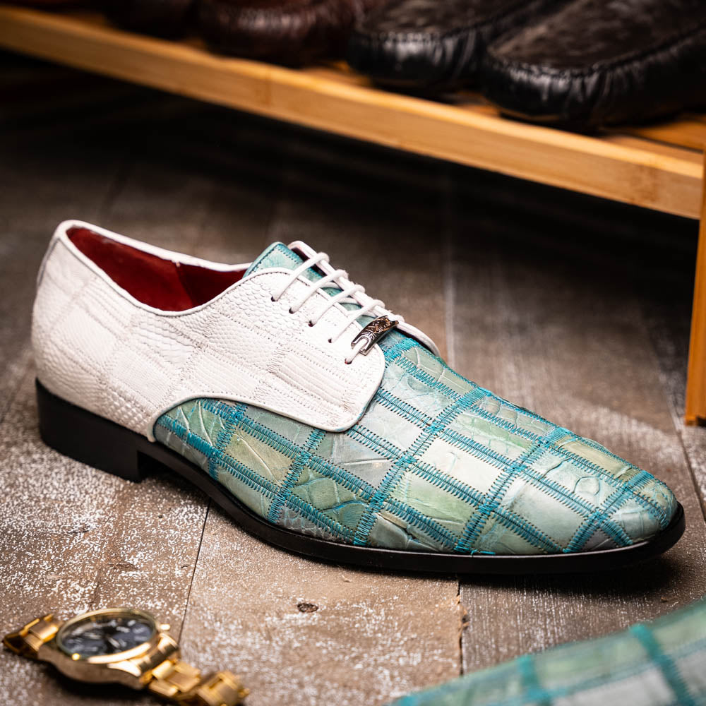 Pissa Tourquoise/White by Marco Di Milano: men's luxury shoes with a green crocodile pattern front, white crocodile back, black soles, white laces, and hand-painted finishes.