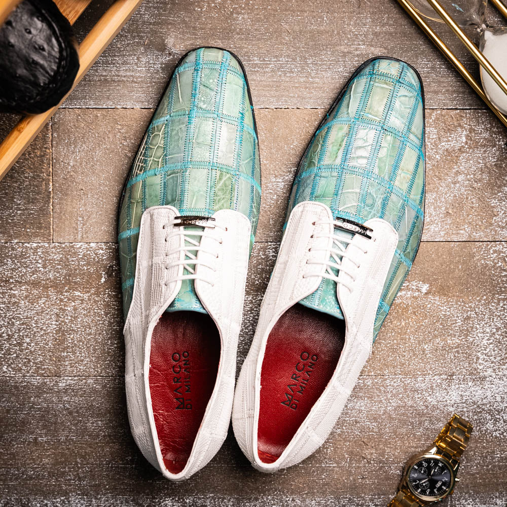 Pissa Tourquoise/White by Marco Di Milano: men's luxury shoes with a green crocodile pattern front, white crocodile back, black soles, white laces, and hand-painted finishes.