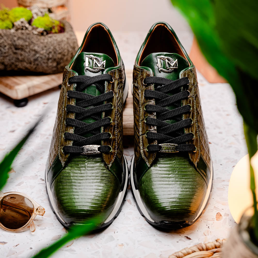 The Portici Green / Olive sneakers by Marco Di Milano feature green and brown leather with textured panels, black laces, rubber soles, and a unique hand-painted finish, all displayed against a plain white background.