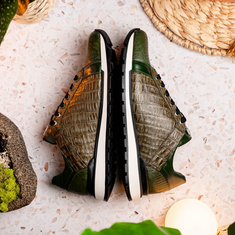 The Portici Green / Olive sneakers by Marco Di Milano feature green and brown leather with textured panels, black laces, rubber soles, and a unique hand-painted finish, all displayed against a plain white background.