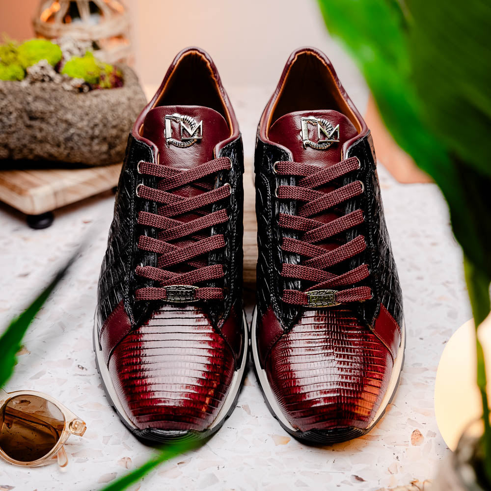 The Portici Wine / Black sneakers by Marco Di Milano are luxury shoes crafted from genuine crocodile leather with a hand-painted finish for a bold, standout look.