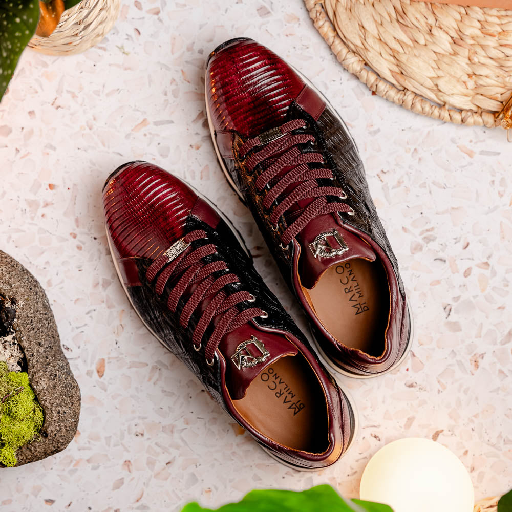 The Portici Wine / Black sneakers by Marco Di Milano are luxury shoes crafted from genuine crocodile leather with a hand-painted finish for a bold, standout look.