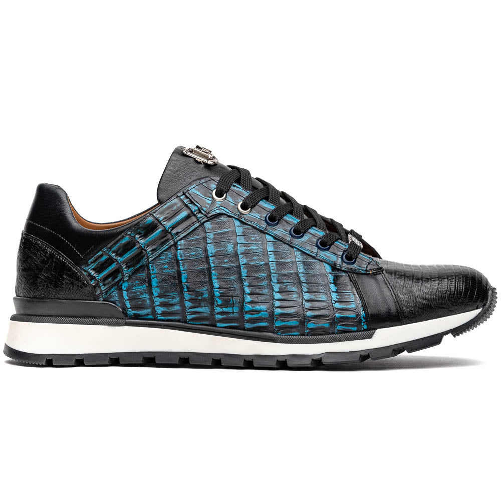 The Marco Di Milano Portici Navy / Black sneaker with black laces, a white midsole, and a textured black rubber outsole is shown on a plain white background, emphasizing its luxurious design.
