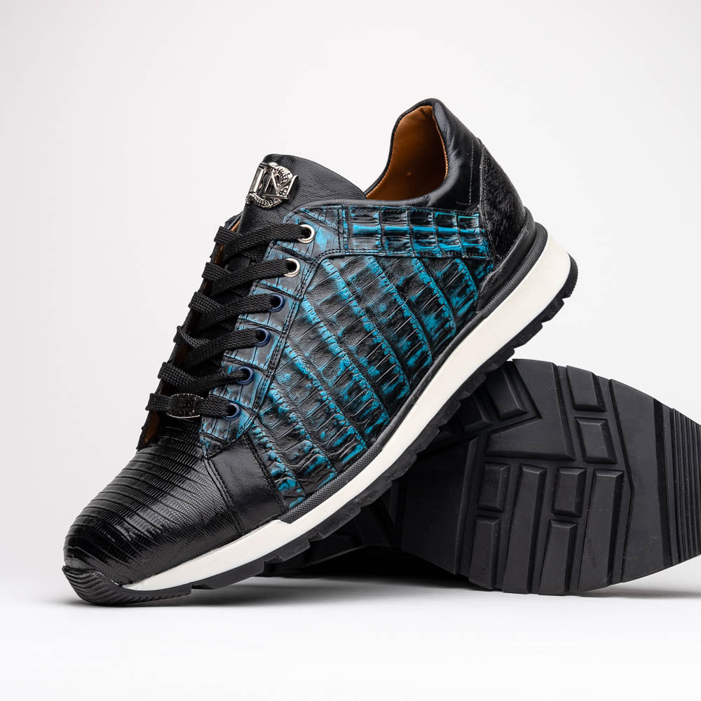 The Marco Di Milano Portici Navy / Black sneaker with black laces, a white midsole, and a textured black rubber outsole is shown on a plain white background, emphasizing its luxurious design.