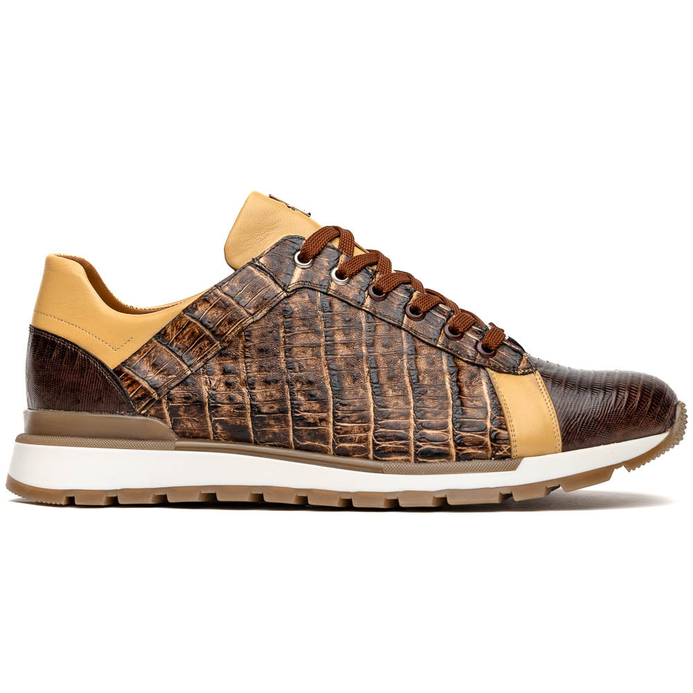 The Portici Orix / Brown by Marco Di Milano features a brown and tan faux crocodile texture, brown laces, white midsole, and a tan-brown rubber sole, delivering luxury style on a white background.
