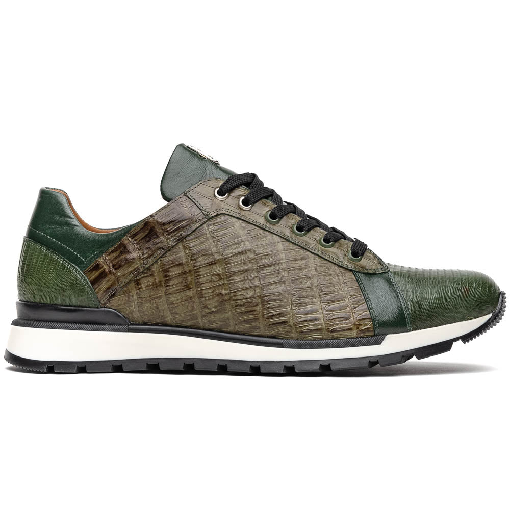 The Portici Green / Olive sneakers by Marco Di Milano feature green and brown leather with textured panels, black laces, rubber soles, and a unique hand-painted finish, all displayed against a plain white background.