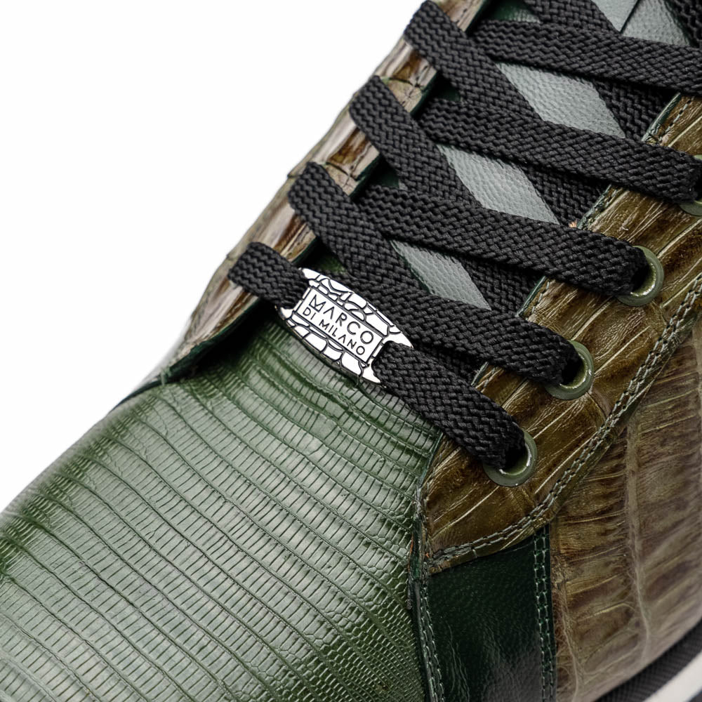 The Portici Green / Olive sneakers by Marco Di Milano feature green and brown leather with textured panels, black laces, rubber soles, and a unique hand-painted finish, all displayed against a plain white background.