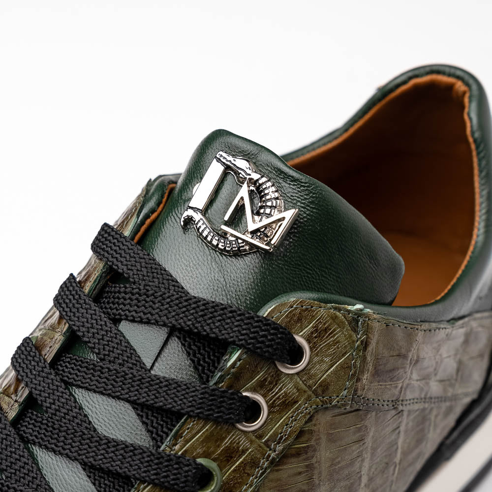 The Portici Green / Olive sneakers by Marco Di Milano feature green and brown leather with textured panels, black laces, rubber soles, and a unique hand-painted finish, all displayed against a plain white background.