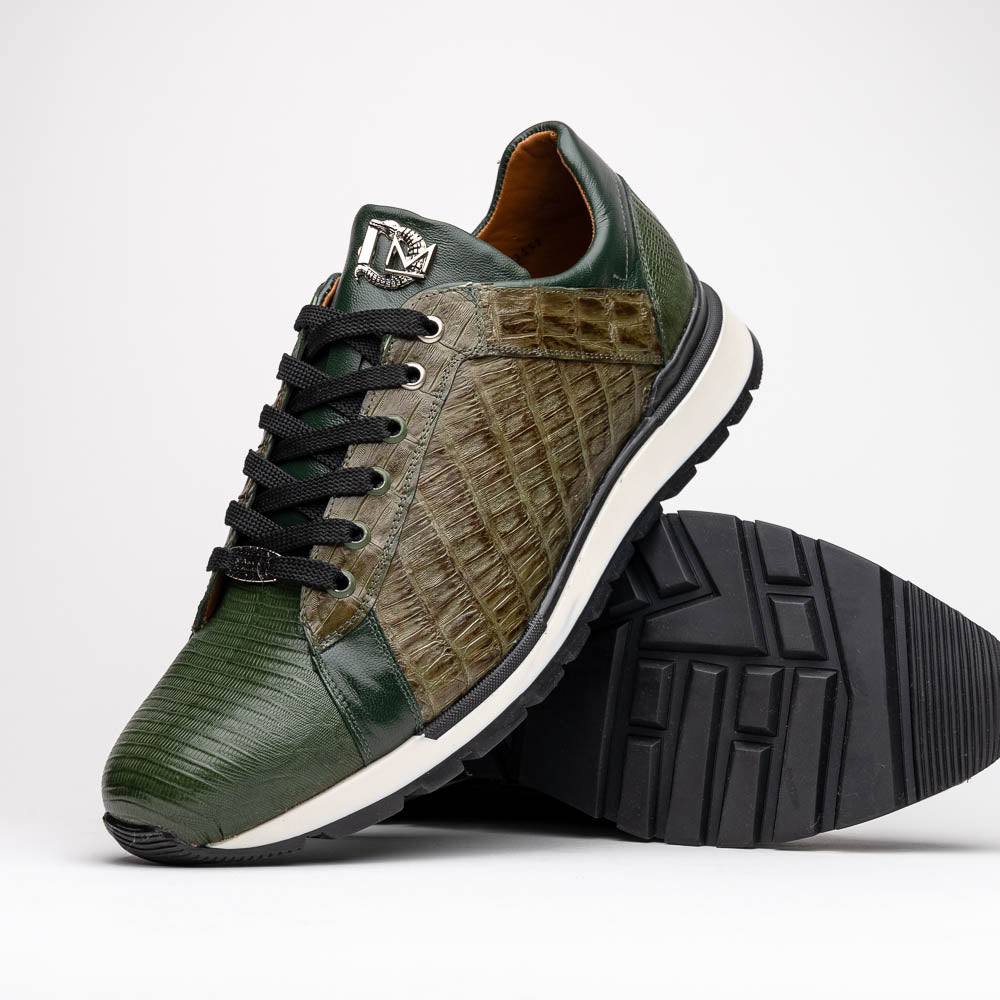 The Portici Green / Olive sneakers by Marco Di Milano feature green and brown leather with textured panels, black laces, rubber soles, and a unique hand-painted finish, all displayed against a plain white background.