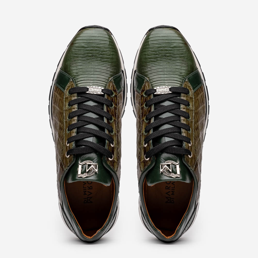 The Portici Green / Olive sneakers by Marco Di Milano feature green and brown leather with textured panels, black laces, rubber soles, and a unique hand-painted finish, all displayed against a plain white background.