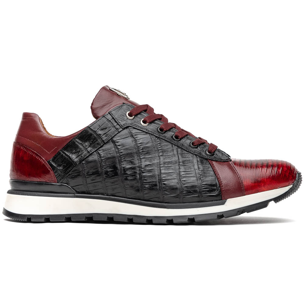 The Portici Wine / Black sneakers by Marco Di Milano are luxury shoes crafted from genuine crocodile leather with a hand-painted finish for a bold, standout look.