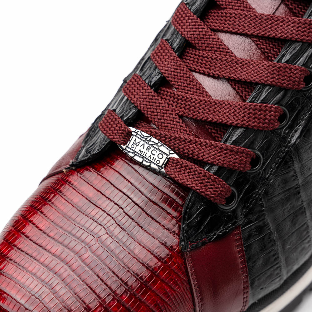 The Portici Wine / Black sneakers by Marco Di Milano are luxury shoes crafted from genuine crocodile leather with a hand-painted finish for a bold, standout look.