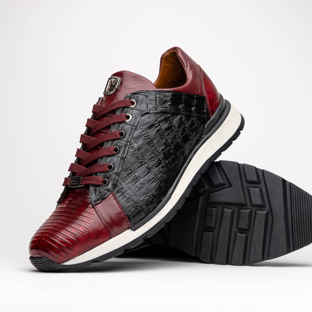The Portici Wine / Black sneakers by Marco Di Milano are luxury shoes crafted from genuine crocodile leather with a hand-painted finish for a bold, standout look.