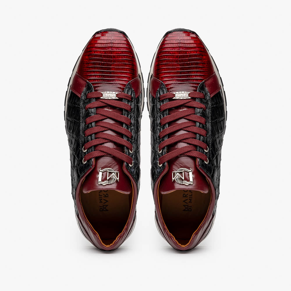 The Portici Wine / Black sneakers by Marco Di Milano are luxury shoes crafted from genuine crocodile leather with a hand-painted finish for a bold, standout look.