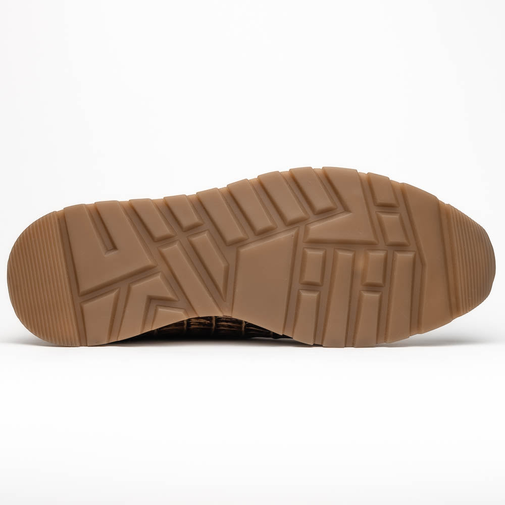 The Portici Orix / Brown by Marco Di Milano features a brown and tan faux crocodile texture, brown laces, white midsole, and a tan-brown rubber sole, delivering luxury style on a white background.