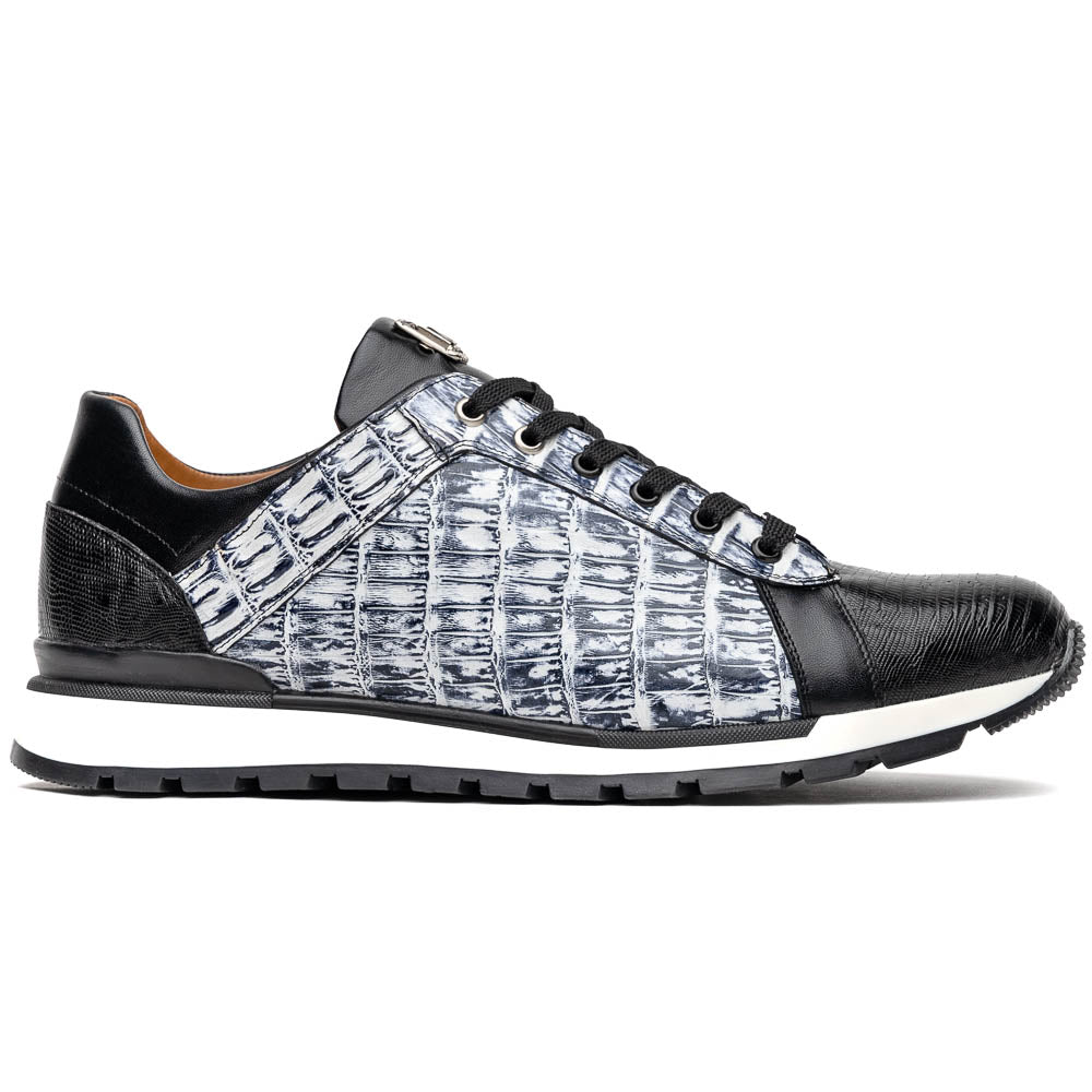 The Marco Di Milano Portici Newspaper / Black sneakers feature genuine crocodile leather in black and white with textured details and thick rubber soles, shown on a white background.