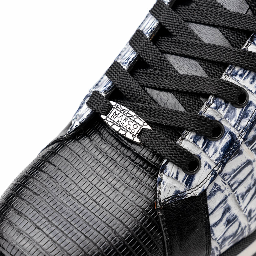 The Marco Di Milano Portici Newspaper / Black sneakers feature genuine crocodile leather in black and white with textured details and thick rubber soles, shown on a white background.