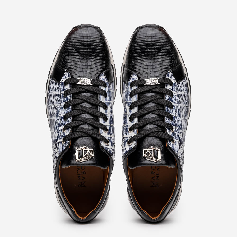 The Marco Di Milano Portici Newspaper / Black sneakers feature genuine crocodile leather in black and white with textured details and thick rubber soles, shown on a white background.