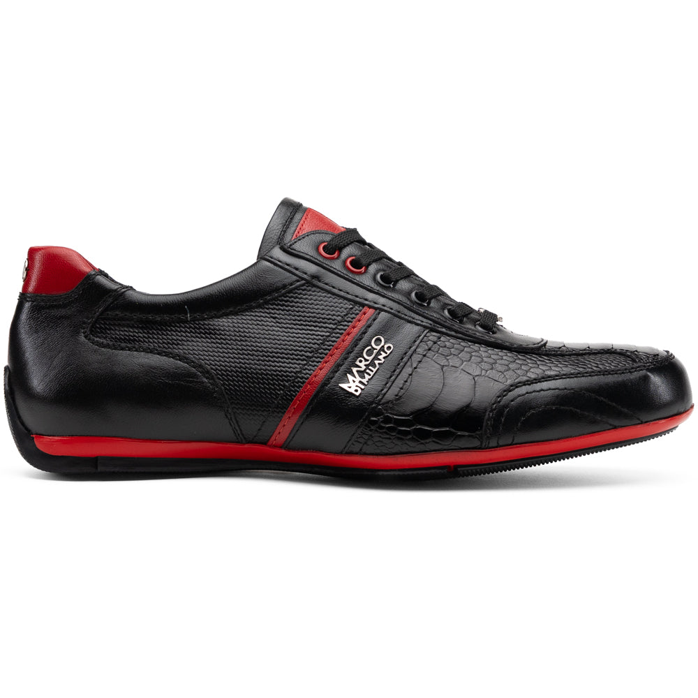 Marco Di Milano Portofino Black low-top sneaker in genuine black ostrich leg leather with red accents and a red rubber sole.