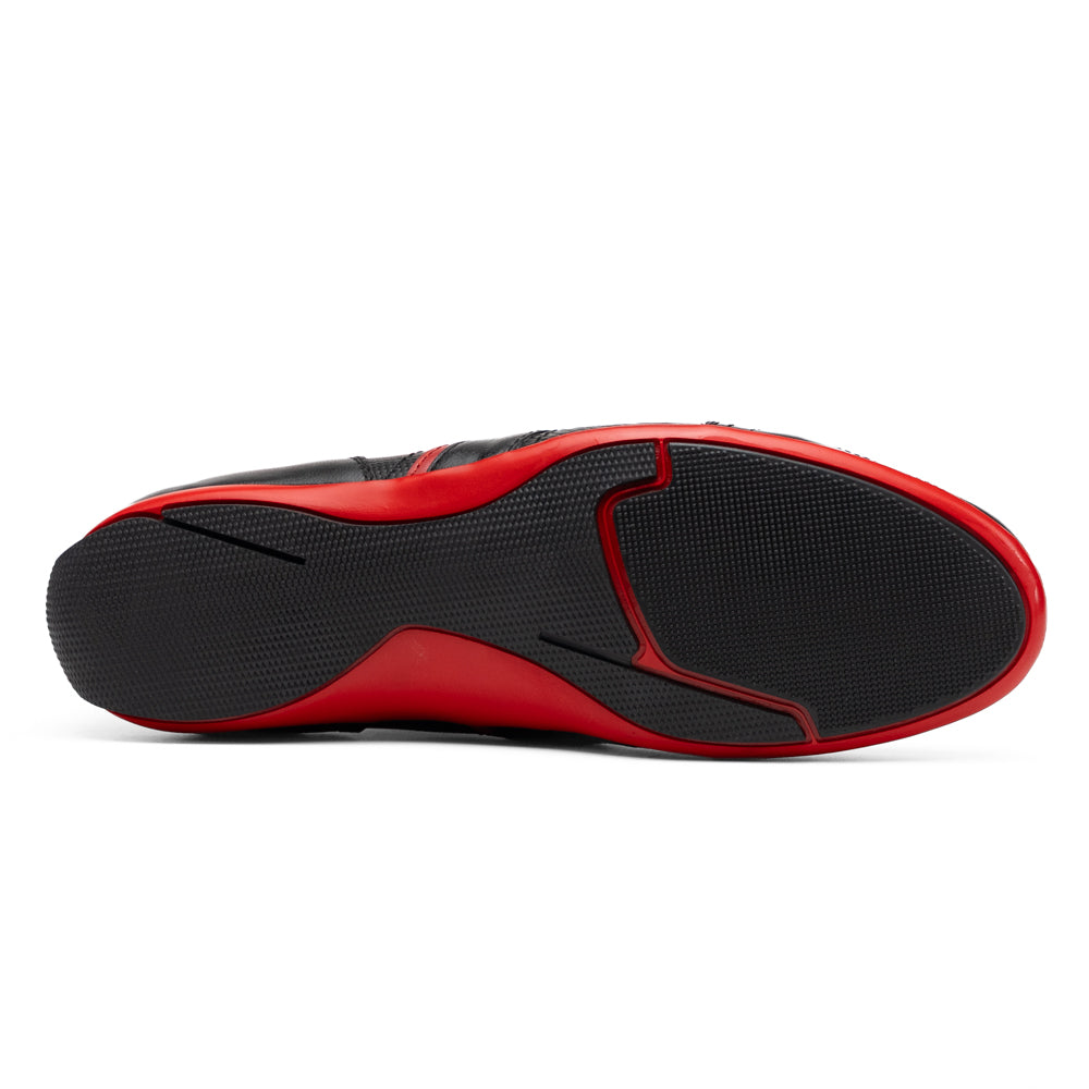 Marco Di Milano Portofino Black low-top sneaker in genuine black ostrich leg leather with red accents and a red rubber sole.
