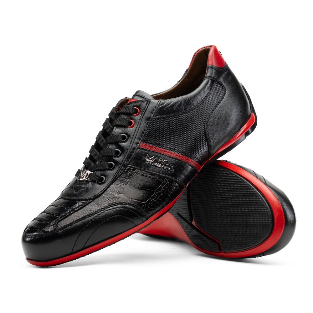 Marco Di Milano Portofino Black low-top sneaker in genuine black ostrich leg leather with red accents and a red rubber sole.