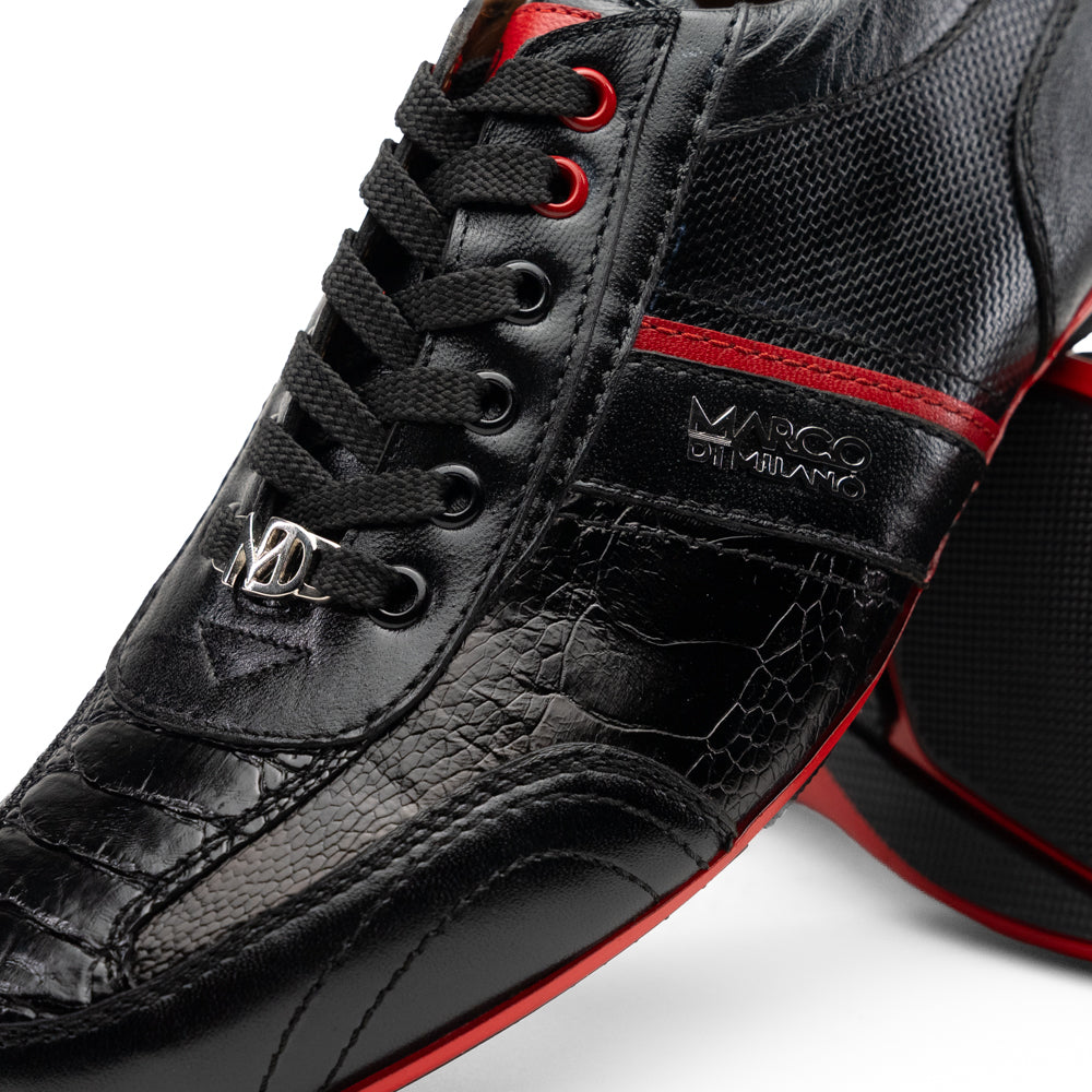 Marco Di Milano Portofino Black low-top sneaker in genuine black ostrich leg leather with red accents and a red rubber sole.