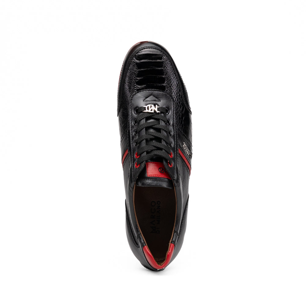 Marco Di Milano Portofino Black low-top sneaker in genuine black ostrich leg leather with red accents and a red rubber sole.