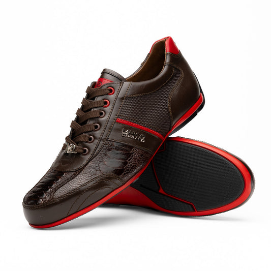 Marco Di Milano Portofino Brown handcrafted ostrich leg leather lace-up sneaker with textured detailing, red accents, and a red sole.