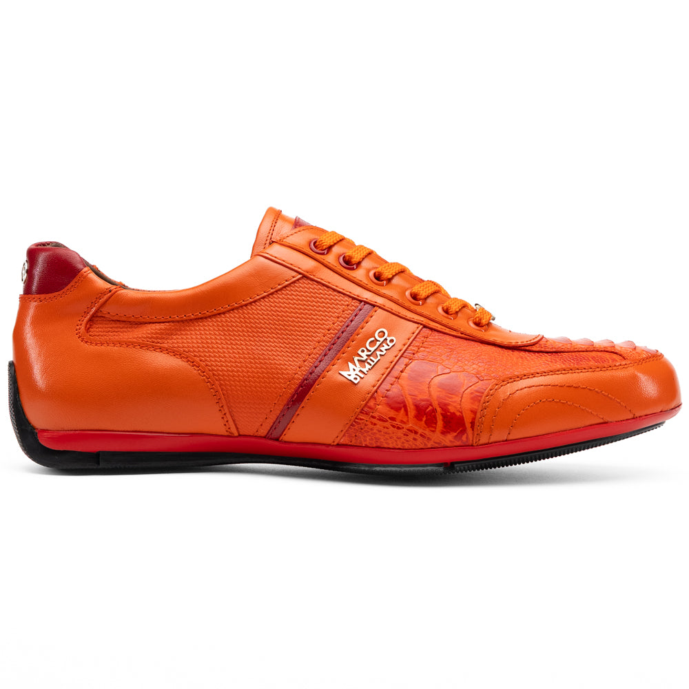 Bottom view of a Portofino Orange luxury sneaker featuring a textured black rubber sole with red trim.