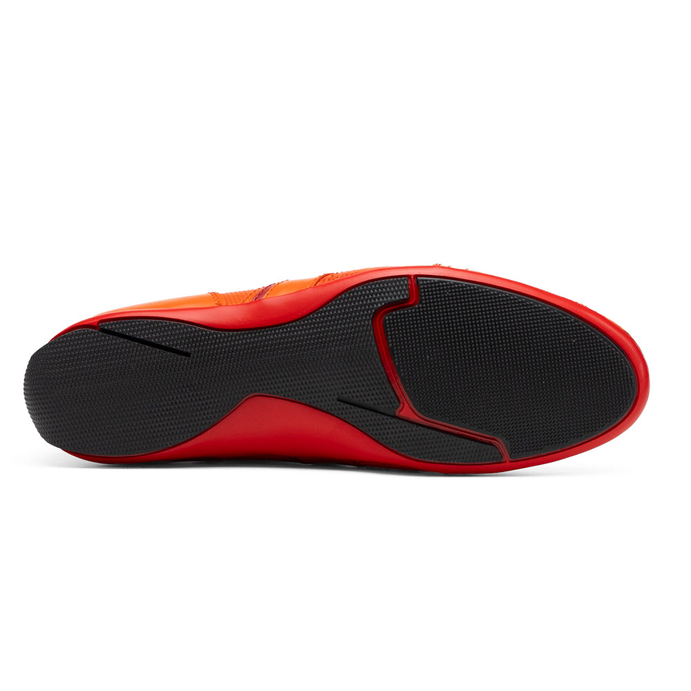 Portofino Orange ostrich leg leather sneaker with textured panels and a red rubber sole.