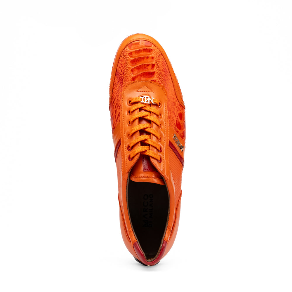 Portofino Orange ostrich leg leather sneaker with textured panels and a red rubber sole.