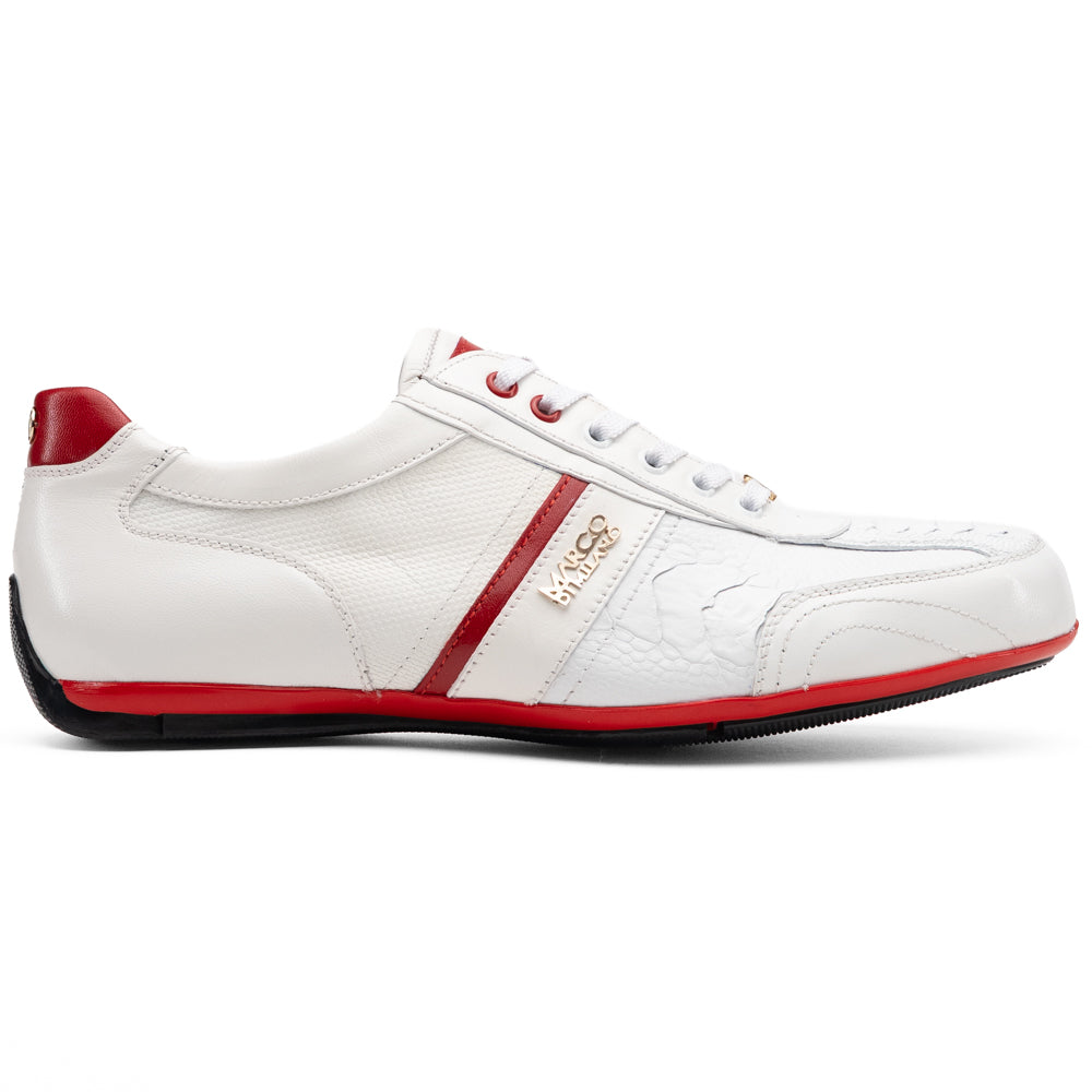 Marco Di Milano Portofino White leather sneaker in white with red accents, white laces, a gold lace charm, and a red sole.