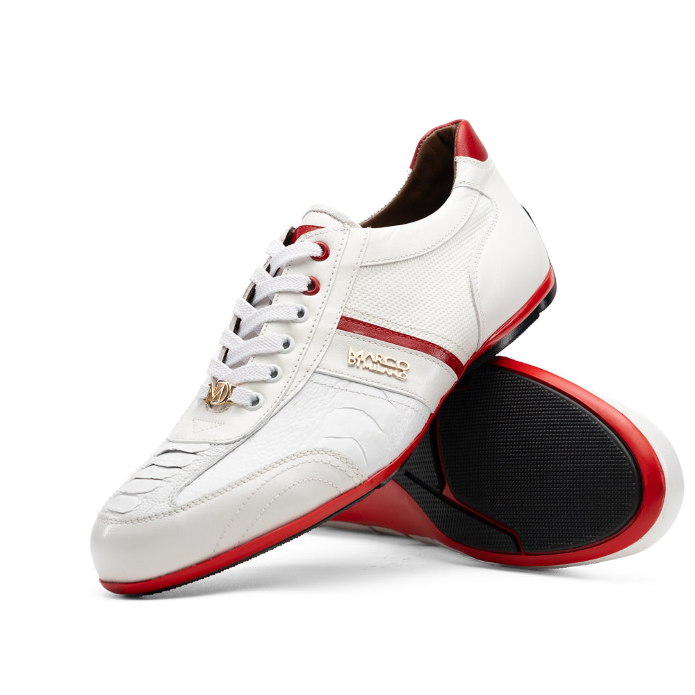 Marco Di Milano Portofino White leather sneaker in white with red accents, white laces, a gold lace charm, and a red sole.