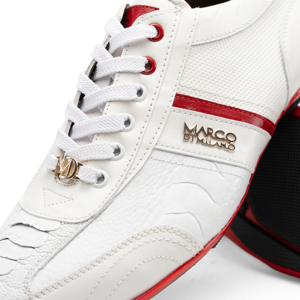 Marco Di Milano Portofino White leather sneaker in white with red accents, white laces, a gold lace charm, and a red sole.