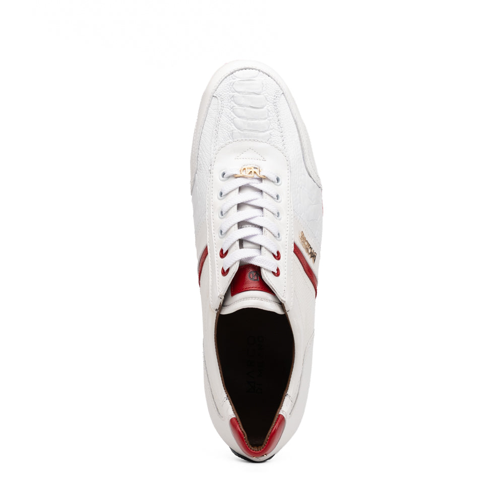 Marco Di Milano Portofino White leather sneaker in white with red accents, white laces, a gold lace charm, and a red sole.