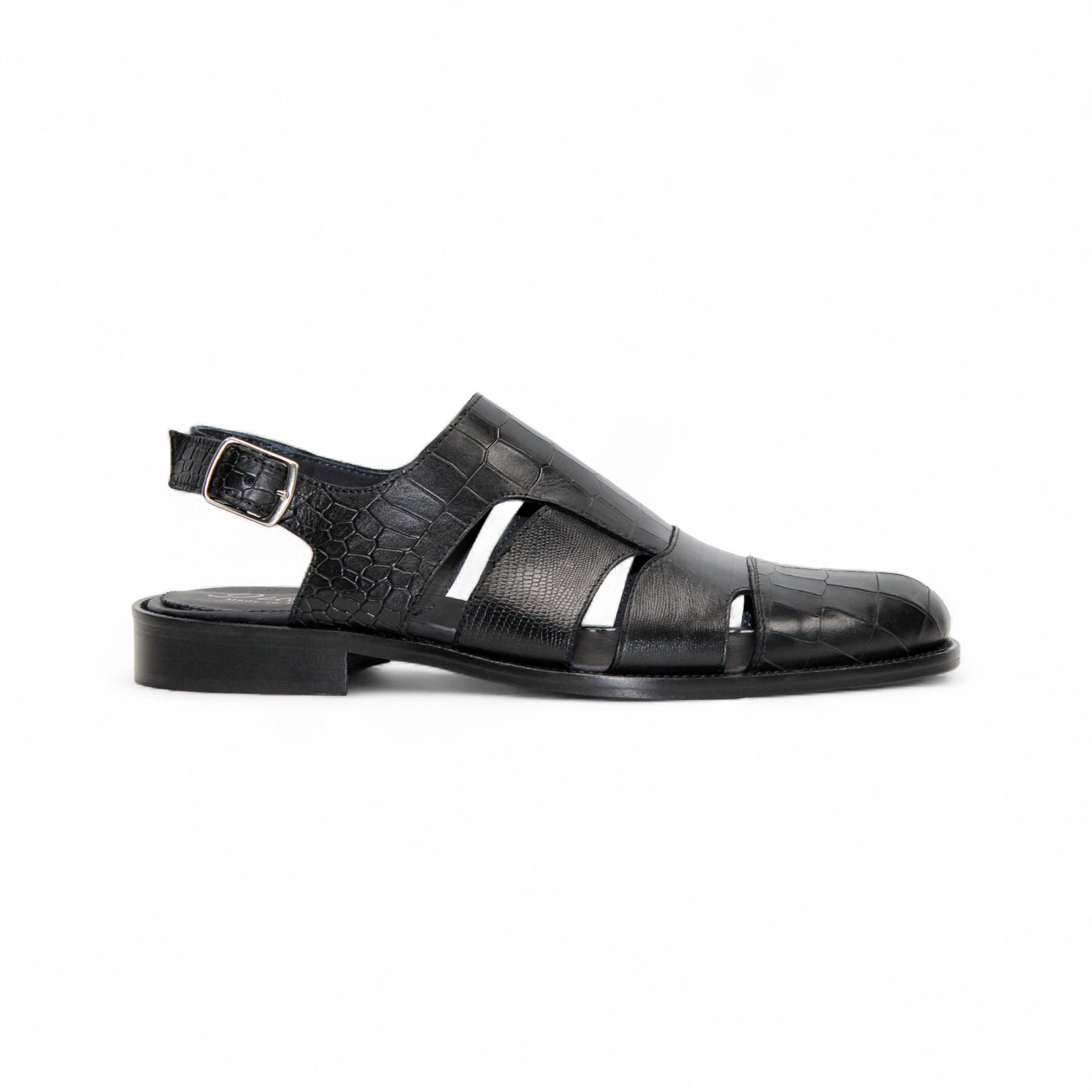 The Duca Di Matiste Duca Positano Black sandal features black leather, a closed toe, cut-out sides, buckled slingback strap, and flat sole—Italian craftsmanship—shown in profile on a white background.