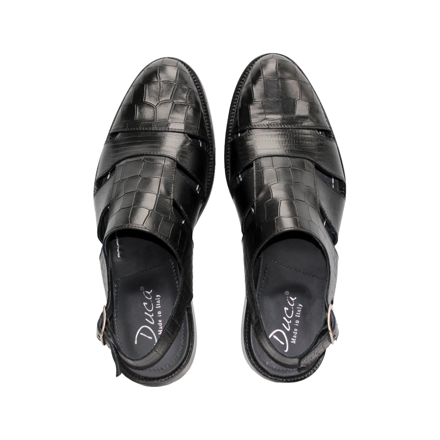 The Duca Di Matiste Duca Positano Black sandal features black leather, a closed toe, cut-out sides, buckled slingback strap, and flat sole—Italian craftsmanship—shown in profile on a white background.