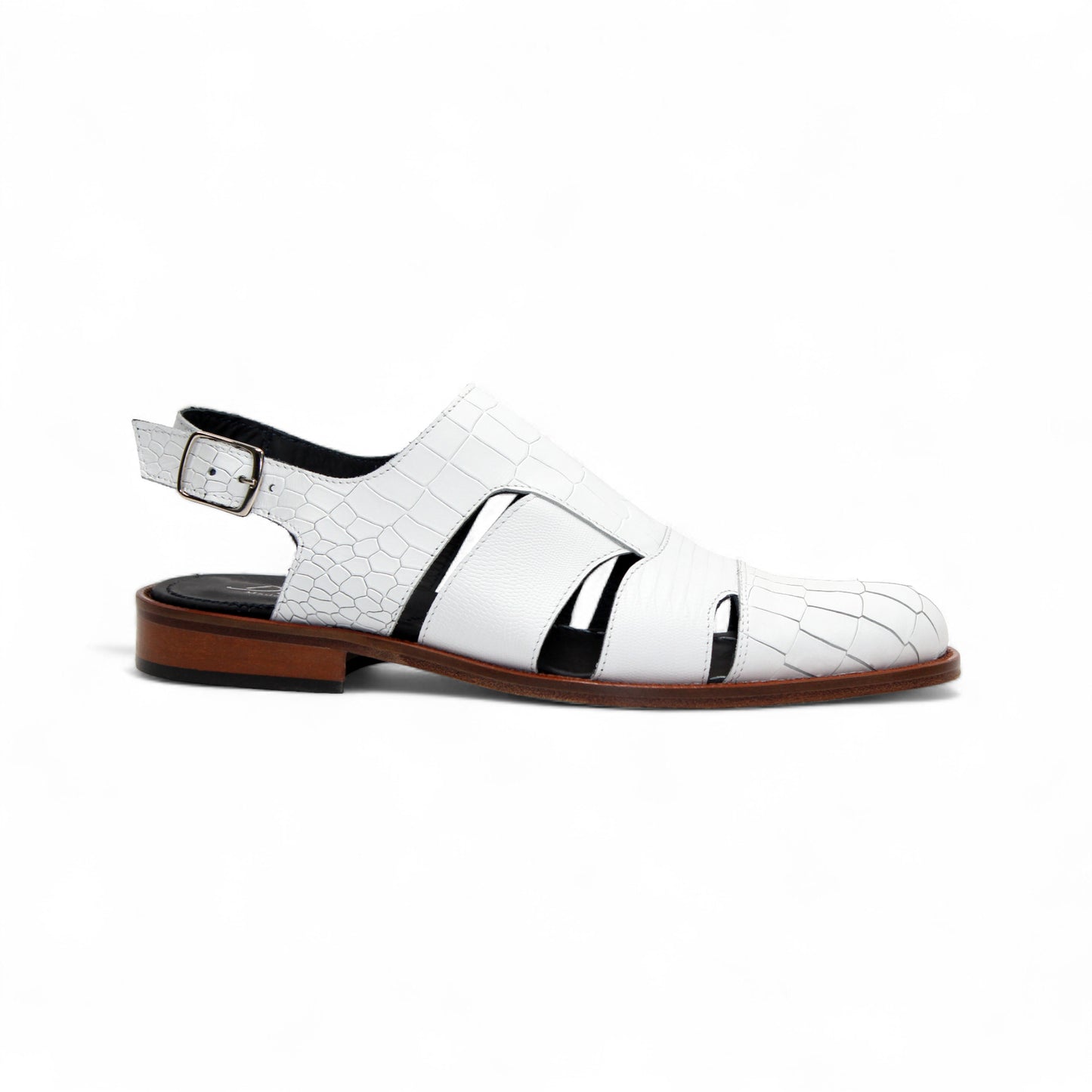 The Duca Di Matiste Positano (White) sandal by Duca Di Matiste features white croco leather, a closed toe, cutout sides, ankle strap with buckle, and brown sole, shown on a plain white background.